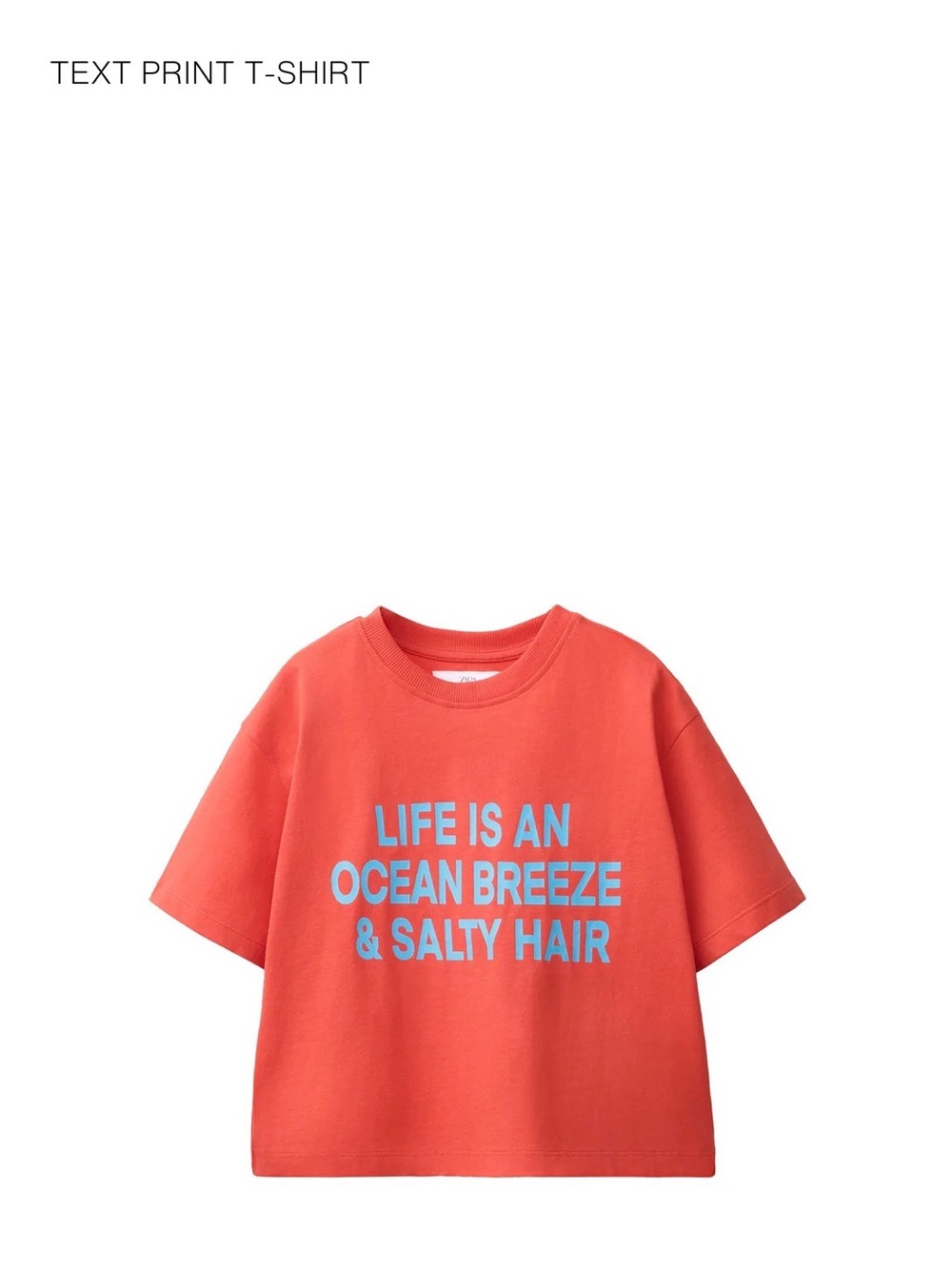 Zara Coral Short-Sleeve Tee with Blue Text Print